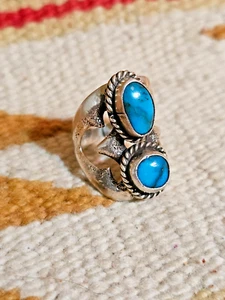 🔥COOLER OLD PAWN NAVAJO 50er 60er DBL TÜRKIS STERLINGSILBER SANDGUSS RING 8,5 - Bild 1 von 8