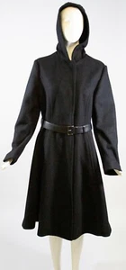PRADA Black Wool Cashmere Blend Snap Front Lamb Leather Belt Hooded Coat IT 44 - Picture 1 of 12