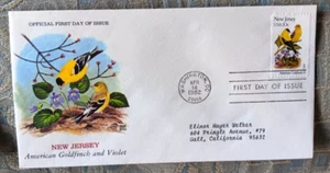 NEW JERSEY GOLDFINCH & VIOLET BIRD & FLOWER 1982 OFFICIAL COLOR CACHET FDC - Picture 1 of 1