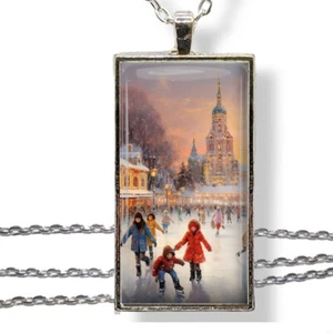 Retro Family Fun Ice Skating Art Print 1" x 2" Necklace 24" Oval Link Chain - Picture 1 of 4