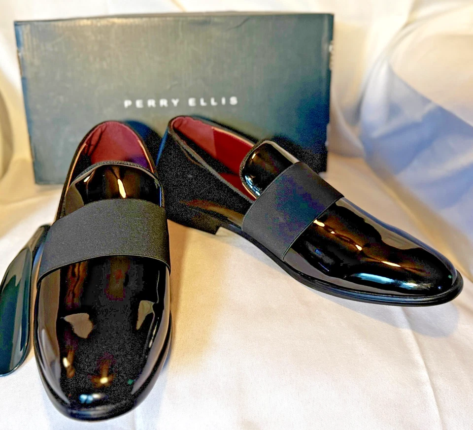 Zapatos de vestir PERRY ELLIS talla US10, EU 43, charol negro sin cordones, nuevos en caja Foto 1 de 4