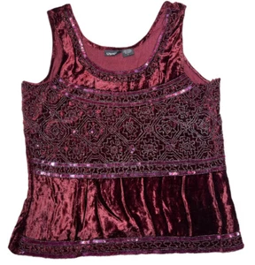 Vanity Womens L Top Velvet Tank Beaded maroon zip side - Picture 1 of 7