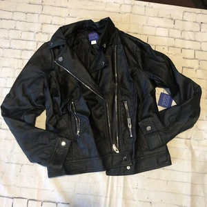 Women’s Small Faux Leather Moto Jacket Zipper Pockets Black Simply Styled - Picture 1 of 8