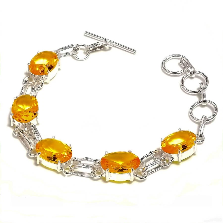 Yellow Citrine Gemstone Handmade 925 Sterling Silver Jewelry Bracelets Size 7-8" - Image 1 of 1