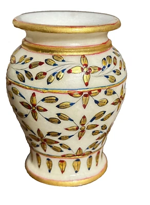 Vaso de mármore Makrana pintado à mão dourado levantado design de folha em relevo - Imagem 1 de 4