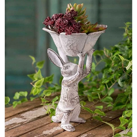 Cast Iron White Distressed Antique White Rabbit With Flower Bird Feeder Cover