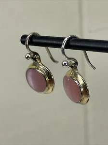 Vtg 925 Sterling Silver Gold Coated Women’s Jewelry Earrings Oval Pink Cabochon - Picture 1 of 11