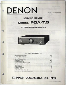 Denon POA-7.5 Stereo Amplifier Service Manual, Parts List Original Shop Repair - Picture 1 of 1