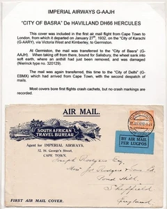 1932 Imperial Airways Crash cubierta de vuelo Sudáfrica correo aéreo primer vuelo ciudad - Imagen 1 de 2