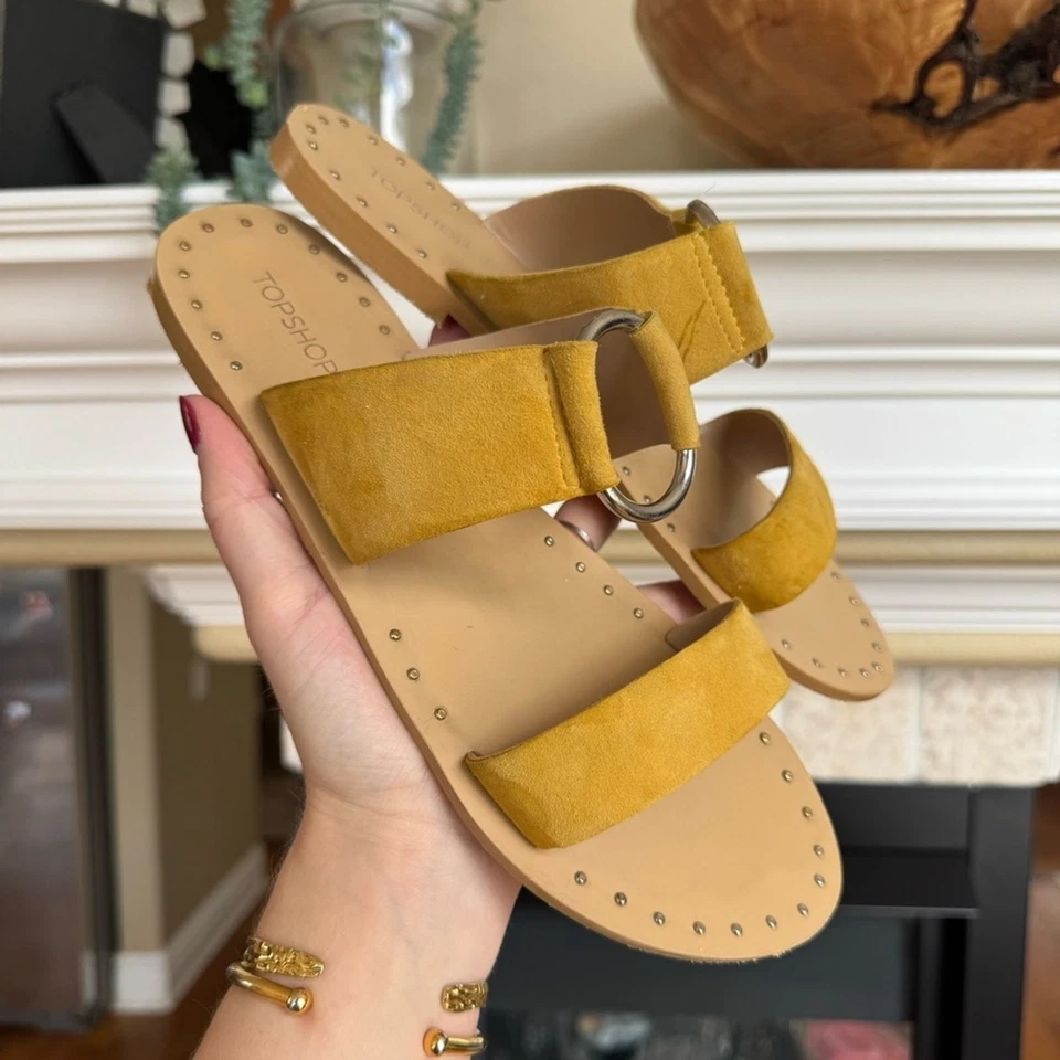 Topshop Mustard Yellow Metal Ring Metal Studded Slides Size 8.5 - Image 1 of 4