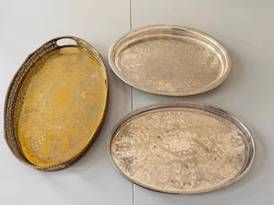 ♛ Drei ovale englisches Tabletts - versilbert auf Kupfer - 3er LOT - ungeputzt ♛ - Bild 1 von 10