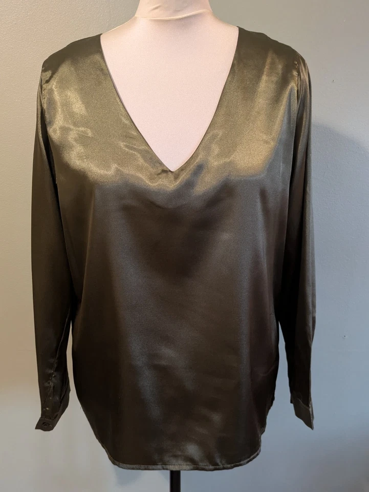 Olive Green Satin Look Blouse Size L UK 14 V Neck Top Long Sleeves Button Cuff - Image 1 of 4