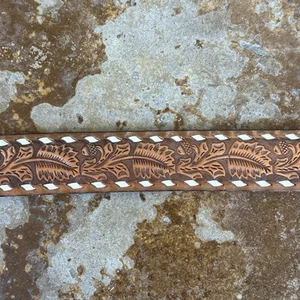 Tex Tan Tooled Leather Belt Size 34 Acorn Leaf Design VTG Cowhide USA Made STU - Picture 1 of 9