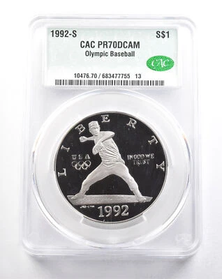 1992-S Olympic Baseball Commemorative Silver Dollar PR70 DCAM CAC *5777 - Image 1 of 3