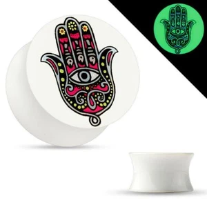 PAIR-Hamsa Hand Glow in the Dark Acrylic Double Flare Ear Plugs 16mm/5/8" Gauge - Picture 1 of 3
