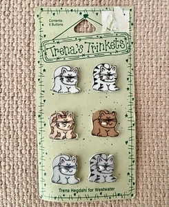 Vintage 1996 Trena's Trinkets Set of 6 Ceramic Kitty Cat Buttons - NEW - Picture 1 of 3