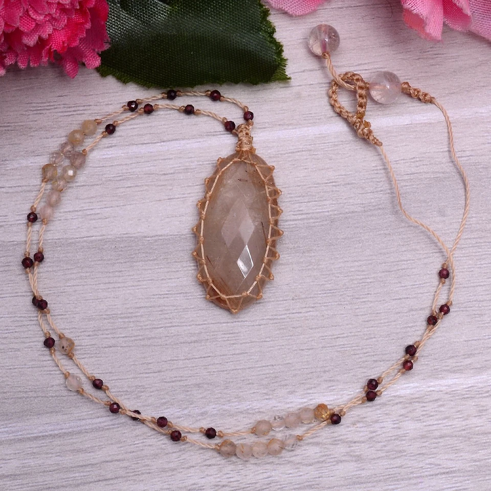 Handgefertigt Natürlich Rutil Quarz Checker Cut Boho Makramee Perlen Halskette - Bild 1 von 4