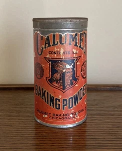 Vintage CALUMET Baking Powder Can Indian Head Paper Label 1 lb Tin Clean - Picture 1 of 12