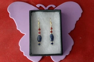 Beautiful Gold Plated Earrings With Sapphire & Ruby 2.9 Gr. 4 Cm. Long + Hooks - Picture 1 of 7