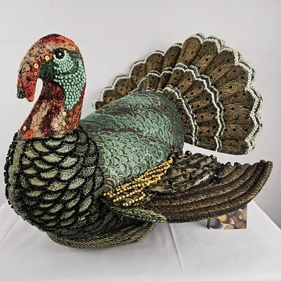 John Derian 2024 Beaded Fall Turkey Shaped Pillow Thanksgiving 16 X 15  - Image 1 of 4