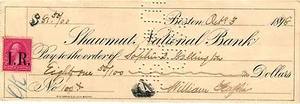 BANCO NACIONAL SHAWMUT EN BOSTON, SELLO DE INGRESOS, 1898, CHEQUE - Imagen 1 de 2