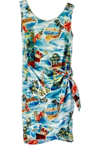 Hilo Hattie Hawaiian Dress Floral Blue Sz Large Tie Wrap Diamond Head Hula Girls - Picture 1 of 10