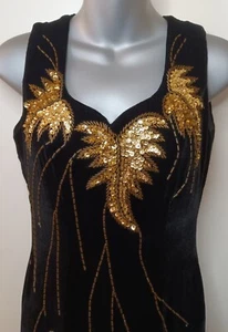 Designer Women black velvet Long dress gold sequins Beads Leaf Pattern Small - Picture 1 of 14