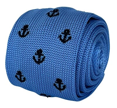 Frederick Thomas designer light baby blue knitted tie nautical anchor design - Imagem 1 de 4