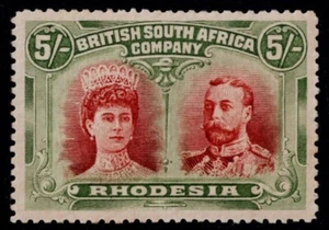 1910 Rhodesia Double Head 5/- RSC-A SG159 Variant Vermn & Dp Gr Long Gash 1 VFMM - Picture 1 of 2