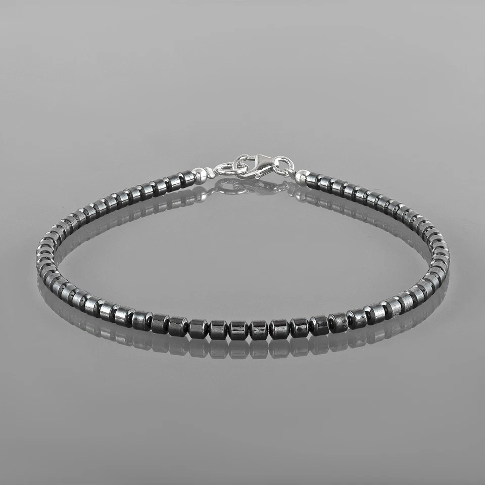 Natural Hematita 3mm Barril Corte Cuentas Piedra 925Silver Hecho Mujeres Pulsera - Imagen 1 de 4