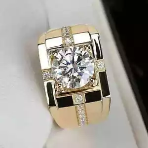 3Ct Round-Cut Lab Created Solitaire Men's Engagement Ring 14K Yellow Gold Plated - Picture 1 of 4