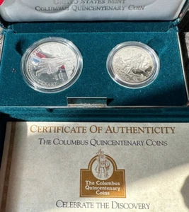 1992 Proof Columbus Quincentenary Commemorative 2 Coin Set Box, OGP & COA - Picture 1 of 1