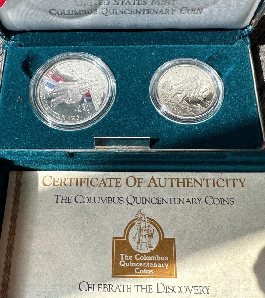 1992 Proof Columbus Quincentenary Commemorative 2 Coin Set Box, OGP & COA - Image 1 of 1
