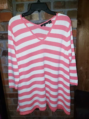 Jeanne Pierre-Lg-Coral & White Striped, V-neck Tunic Sweater Foto 1 de 4