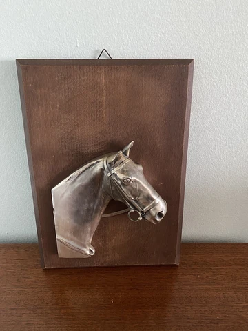 Wall  Hanging Art Pewter Horse On Wood Cover