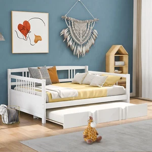 Full Size Daybed Bed Sofa with Twin Size Trundle Bed White Bedroom Furniture NEW - Picture 1 of 9