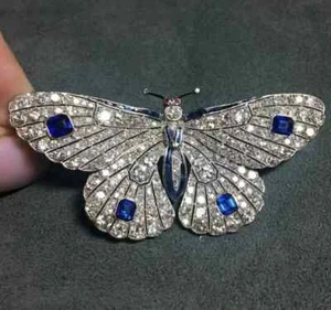 Real Moissanite 2 Ct Round Cut Butterfly Brooch Pin 14K White Gold Plated Silver - Picture 1 of 9