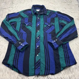 Vintage Wrangler Men's L Pearl Snap LS Flannel Shirt Black Blue Green Stripe - Picture 1 of 4