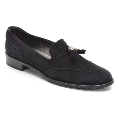 Ladies Stuart Weitzman Guything Tassel Loafers 8.5 M Black Suede Wingtip Shoes - Image 1 of 4