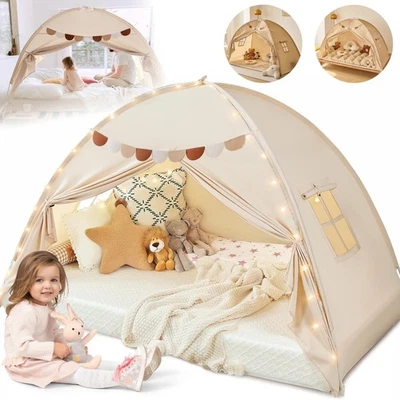 Kinder Spielhaus Indoor Kinderzelt Spielzelt mit Flaggen und Lichtern 192*102cm - Bild 1 von 4