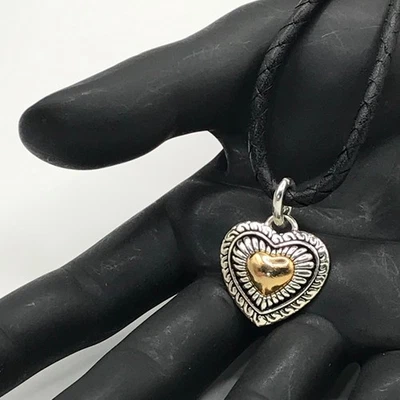 Brighton Necklace Heart Pendant Gold & Silver Plate Braided Black Leather Cord - Image 1 of 4