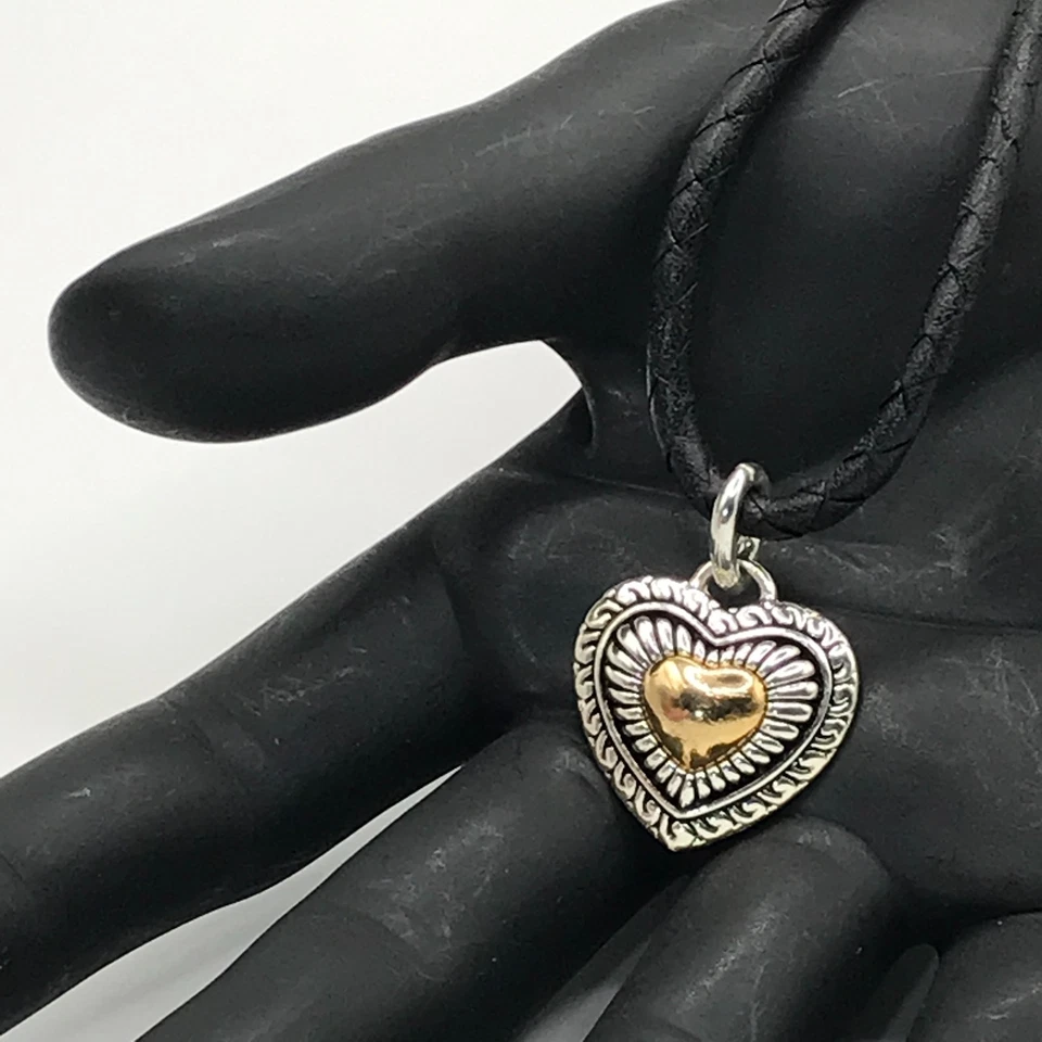 Brighton Necklace Heart Pendant Gold & Silver Plate Braided Black Leather Cord - Image 1 of 4