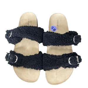 Indigo Rd Sally 2 Kunstfell-Pantoletten Sandalen schwarz Damengröße 8,5 M silberne Schnallen NEU - Bild 1 von 9
