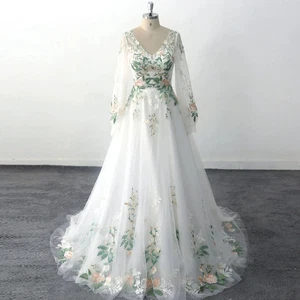 Elegant 3D Floral Lace Wedding Dresses V-Neck Long Sleeve Applique Bridal Gowns - Picture 1 of 9