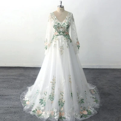 Elegant 3D Floral Lace Wedding Dresses V-Neck Long Sleeve Applique Bridal Gowns - Image 1 of 4