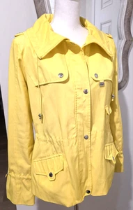 Guess Womens Bright Yellow Jacket Raincoat Windbreaker Full Zip Large 3 Pockets - Picture 1 of 13