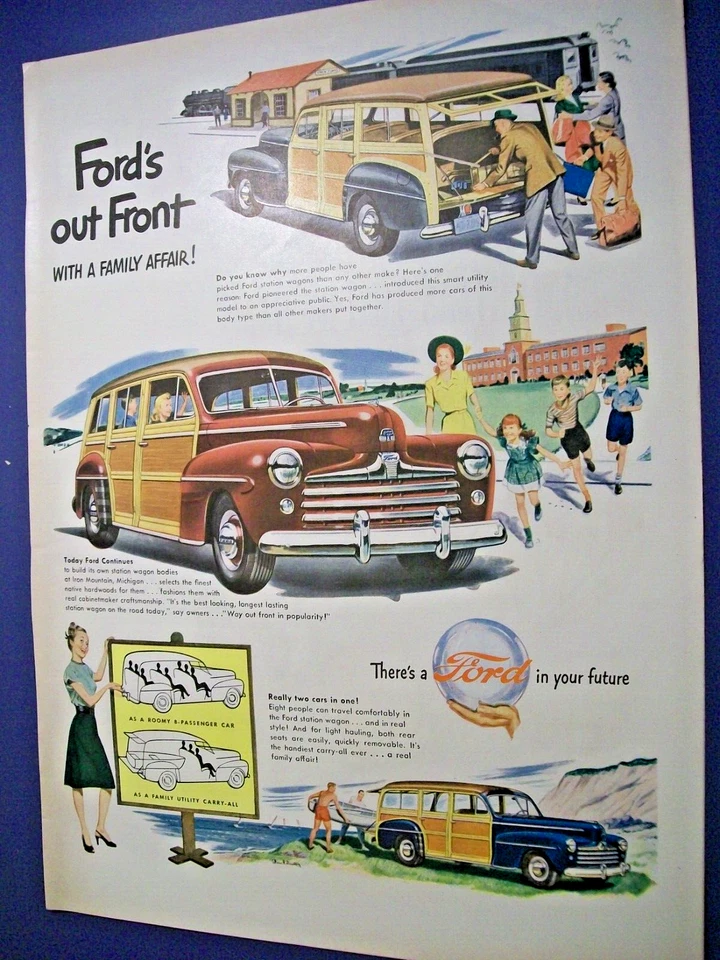 1947 Ford Woody Station Wagon large-mag car ad -"..out front w/ a family affair" - Image 1 of 1