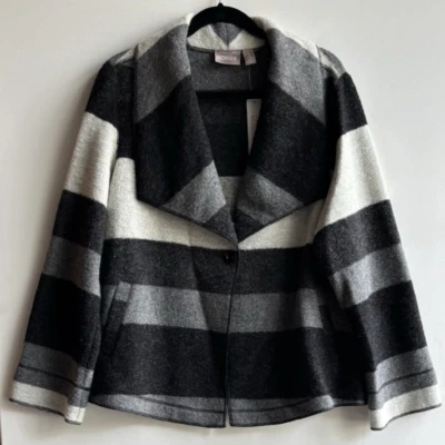 CHICOS NWT Wms Boiled Wool Gray/Blk/Wh Striped SAS LS Draped Shaw Collar 2=12 US - Image 1 of 4