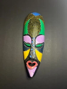 Colorful Hand Painted Dotted & Colorblocked Carved Wood Tribal Mask Wall Art 13" - Picture 1 of 4