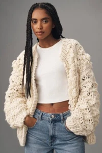 Anthropologie Embroidered Bomber Cardigan Sweater Floral Zip Nude XXS NWT - Picture 1 of 6